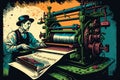 Vintage printing press in action with a skilled pressman operating the machine and colorful ink rollers Royalty Free Stock Photo