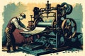 Vintage printing press in action with a skilled pressman operating the machine and colorful ink rollers