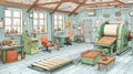 Vintage Printing Workshop Interior with Teal Walls and Machinery Royalty Free Stock Photo