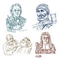 Vintage Professions. Judge man or magistrate, scientist professor with glasses. Hairdresser in barber shop. Woodcutter