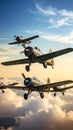 Vintage propeller planes flying in close formation through a dramatic golden sky above clouds Royalty Free Stock Photo