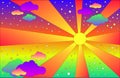 Vintage psychedelic landscape with sun and clouds, stars. Vector cartoon bright gradient colors background. Hippie style art