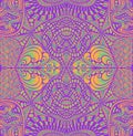 Vintage psychedelic ornamental trippy colorful pattern. Gradient neon orange turquoise color, violet outline