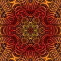 Vintage psychedelic trippy colorful fiery mandala. Yellow orange red gradient colors outline, isolated on brown background Royalty Free Stock Photo