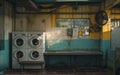 Vintage public laundromat filled with old washing machines and dryers, a testament to communal living and routine chores