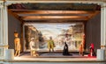 Vintage puppet show theatre made of wood. Old historical puppets