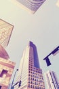 Vintage purple toned photo of Denver skyscrapers.