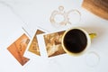 Vintage Pyrex Mug with Coffee and Polaroids