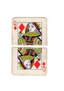 A vintage queen of diamonds playing card torn in half. Royalty Free Stock Photo