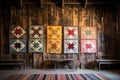 vintage quilts hanging on a rustic barn wall Royalty Free Stock Photo