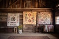 vintage quilts hanging on a rustic barn wall Royalty Free Stock Photo
