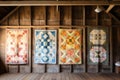 vintage quilts hanging on a rustic barn wall Royalty Free Stock Photo