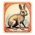Vintage Rabbit Postage Stamp: Realistic Anamorphic Art In Carved Wood Block Style