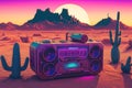 Vintage radio boombox in the desert, retrowave, synthwave. Neural network AI generated