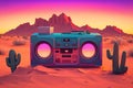 Vintage radio boombox in the desert, retrowave, synthwave. Neural network AI generated