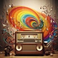 Vintage radio in colorful retro swirls