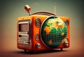 Vintage radio with planet earth. World radio day theme concept. Generate Ai.