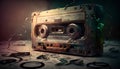 Vintage radio receiver on grunge background with lights. Radio concept