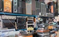 Vintage radio, receivers, tv, speakers and other old electronic devices at Jaffa Flea Market store shelves Royalty Free Stock Photo