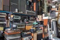 Vintage radio, receivers, tv, speakers and other old electronic devices at Jaffa Flea Market store shelves Royalty Free Stock Photo
