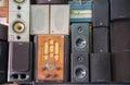 Vintage radio, receivers, tv, speakers and other old electronic devices at Jaffa Flea Market store shelves Royalty Free Stock Photo