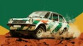 Vintage rally car splashing the dirt in retro 70s styled scene