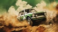 Vintage rally car splashing the dirt in retro 70s styled scene.