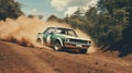 Vintage rally car splashing the dirt in retro 70s styled scene.