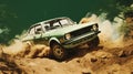 Vintage rally car splashing the dirt in retro 70s styled scene.