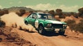 Vintage rally car splashing the dirt in retro 70s styled scene