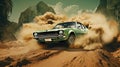 Vintage rally car splashing the dirt in retro 70s styled scene.