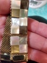 Vintage Rare, One of a Kind, Authentic Mother of Pearl Tile Design on Mesh Goldtone Bracelet