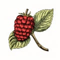 Vintage Raspberry Stamp: Intricate Ink Drawing With Dynamic Colorized Style