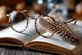 Vintage Reading Glasses on Open Book with Feather Royalty Free Stock Photo