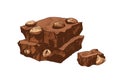 Vintage realistic colored drawing of pieces of broken chocolate bar. Sweet dessert or delicious confection with nuts