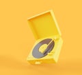 Vintage record player isolated on orange background 3d render icon. Retro turntable box with vinyl disc in yellow Royalty Free Stock Photo