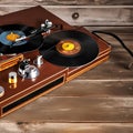 1618 Vintage Record Player: A retro and music-themed background featuring a vintage record player, vinyl records, and retro musi