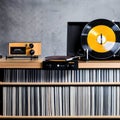 1618 Vintage Record Player: A retro and music-themed background featuring a vintage record player, vinyl records, and retro musi