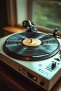 Vintage record player spins classic vinyl record. Modern tech meets retro style. Music playing on nostalgic device. Retro tech