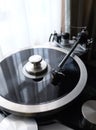 Vintage record player with tonearm closeup view Royalty Free Stock Photo