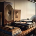 Vintage Record Player and Vinyl Collection on Wooden Shelf at Dusk