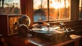 Vintage Record Player and Vinyl Records on Wooden Table during Golden Hour