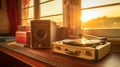 Vintage Record Player and Vinyl Records on Wooden Table during Golden Hour