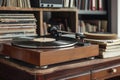 Vintage record player on the wooden desk and stack of vinyl discs Ai photo