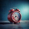 A vintage red alarm clock on a light blue background Royalty Free Stock Photo