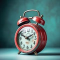 A vintage red alarm clock on a light blue background Royalty Free Stock Photo