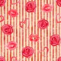 Vintage Red Background With Watercolor Hearts, Lips, Roses On Stripes Seamless Pattern