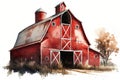 A Piece of Country History, Red Barn Watercolor Illustration, Isolated on White Background - Generative AI Royalty Free Stock Photo