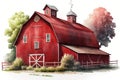 A Classic Farm Scene, Red Barn in Watercolor Illustration, Isolated on White Background - Generative AI Royalty Free Stock Photo