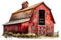 Vintage Farmhouse Art, Red Barn Watercolor Illustration, Isolated on White Background - Generative AI